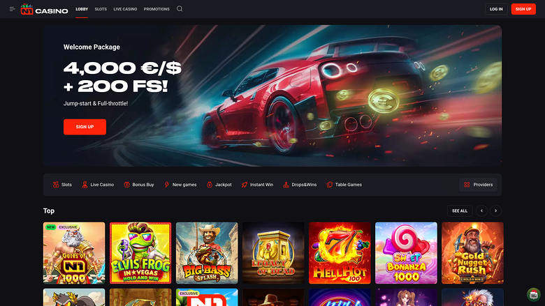 An online casino homepage shows a welcome bonus hero banner above a row of game tiles under a Top section.