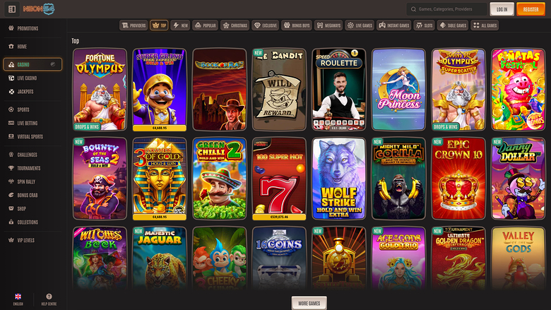 An online casino lobby shows a grid of game tiles under a 'Top' heading with a left sidebar menu and a top navigation bar.
