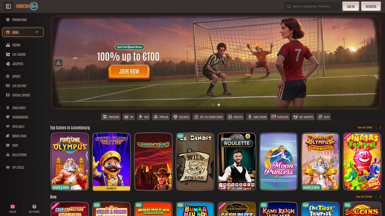 An online casino lobby homepage showing a football-themed bonus hero banner above rows of game tiles and a left sidebar menu.