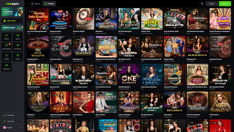 Neospin Casino — Live dealer lobby