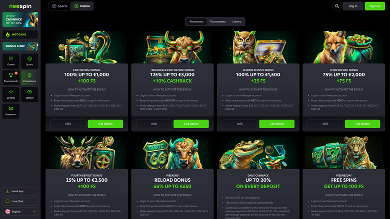 Neospin Casino — Promotions page