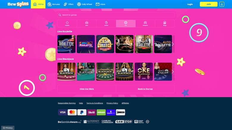 New Spins — Live dealer lobby