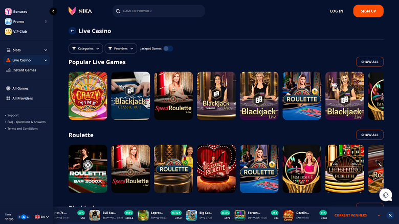 Nika Casino — Live dealer lobby