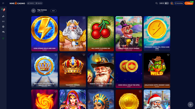 A casino lobby screen showing a 'Top Games' grid of game tiles under a dark header with a left icon rail.