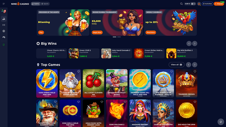 A Nine Casino lobby screen showing a top promotional banner row, a Big Wins strip and a Top Games grid of game tiles.