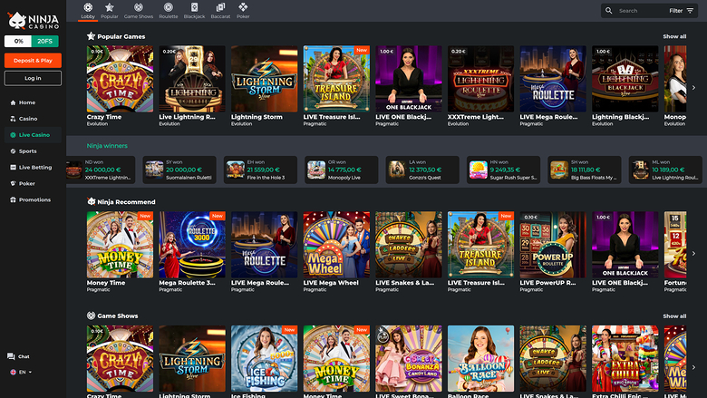 Ninja Casino — Live dealer lobby