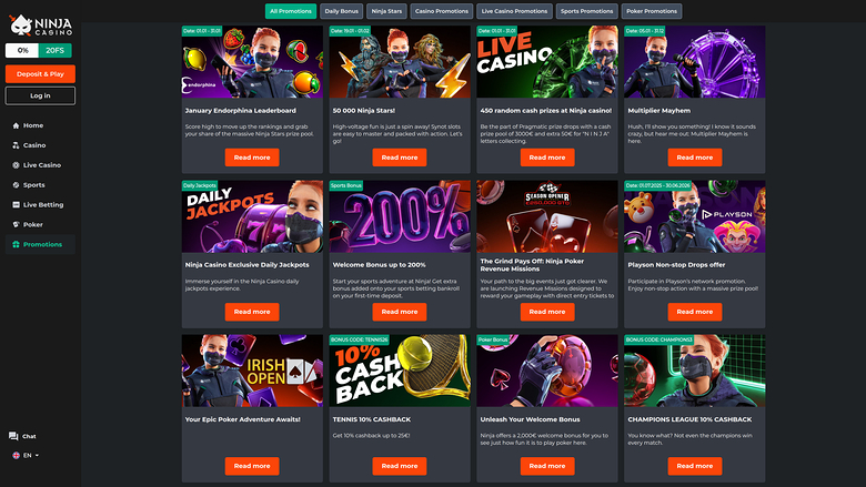 Ninja Casino — Promotions page
