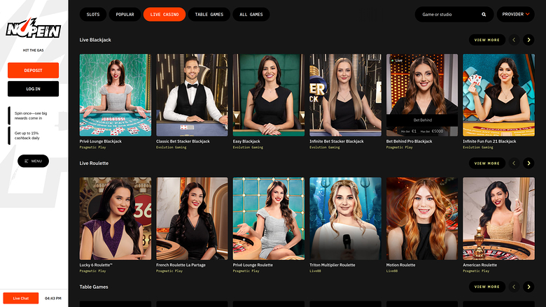 Nopein Casino — Live dealer lobby