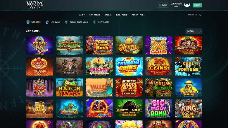 A casino lobby screen showing a grid of slot game tiles under a 'SLOT GAMES' heading with top navigation and account controls.
