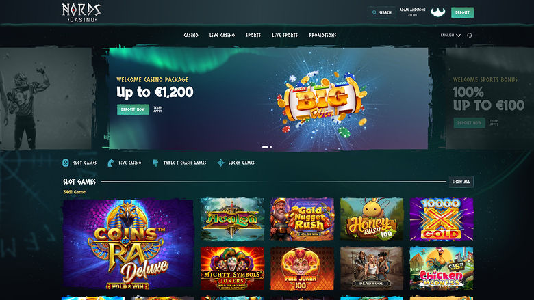 A Nord's Casino lobby page showing a welcome package banner, category tabs and a grid of slot game tiles.
