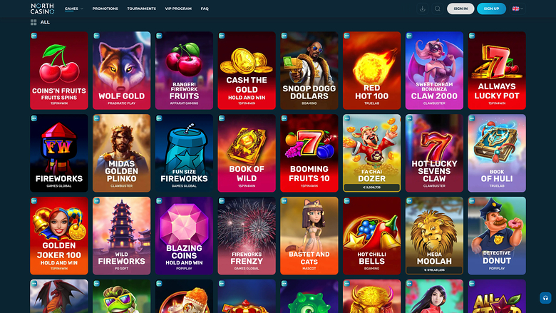 An online casino lobby screen showing a grid of game tiles under a top navigation bar.