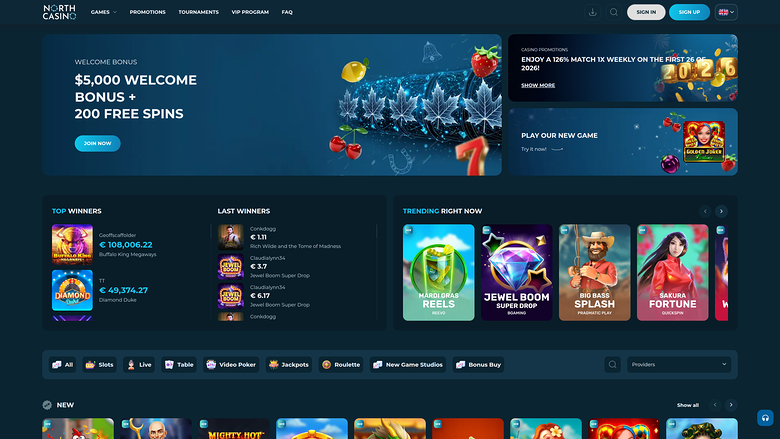 An online casino homepage showing a welcome bonus hero banner, promotion panels, winner lists, trending games and a game lobby with category filters.