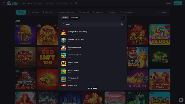NovaDreams Casino — Jackpot games