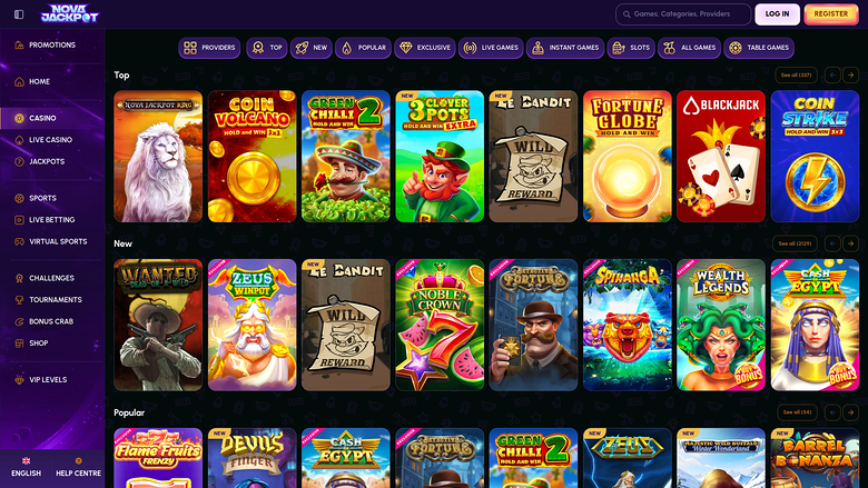 A casino lobby screen showing rows of game tiles under Top, New and Popular headings with a left sidebar menu and top filter bar.