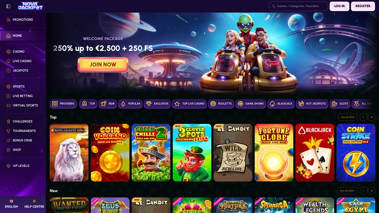 A desktop online casino lobby shows a welcome package hero banner, a horizontal category filter bar, and rows of game tiles under Top and New headings.