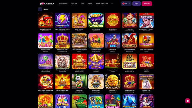 An online casino slots lobby displays a grid of game tiles under a top navigation bar with login and register buttons.