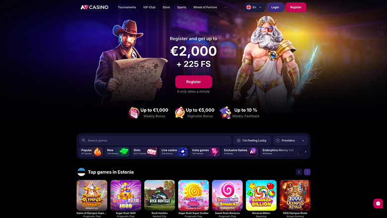 An online casino homepage showing a registration hero banner, bonus offers, a game search and category bar, and a row of top game tiles.