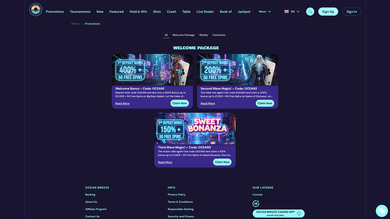 Ocean Breeze Casino — Promotions page