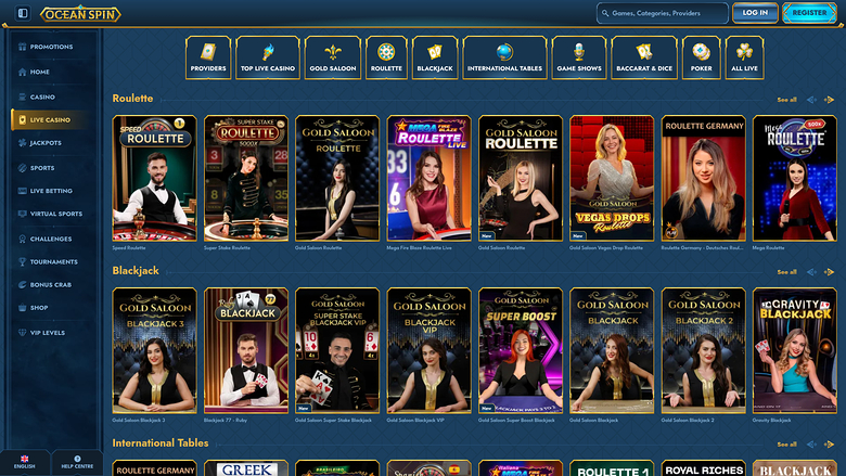 Oceanspin Casino — Live dealer lobby