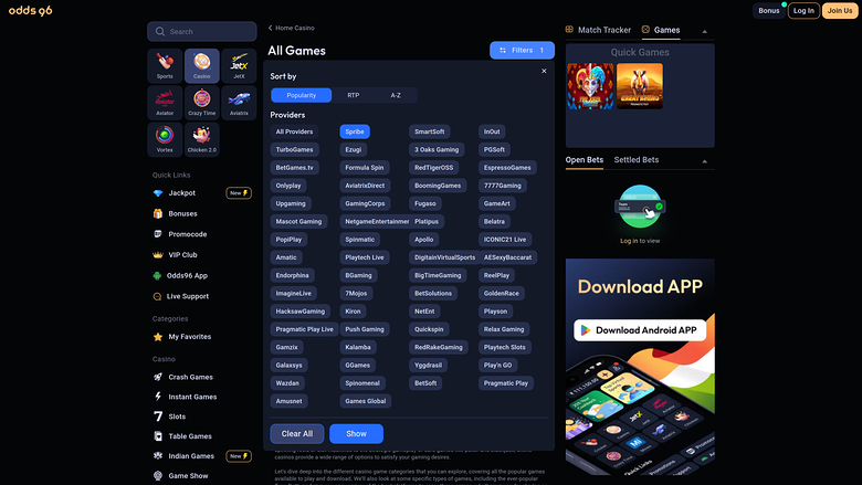 Odds96 Casino — Games by studio