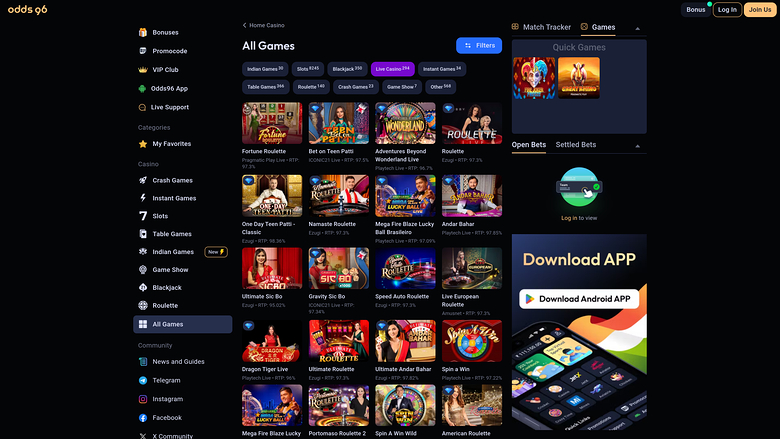 Odds96 Casino — Live dealer lobby