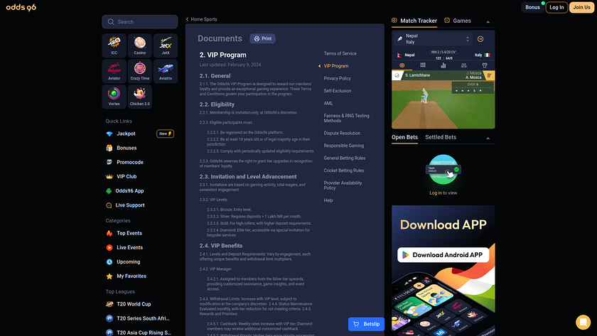 Odds96 Casino — VIP section