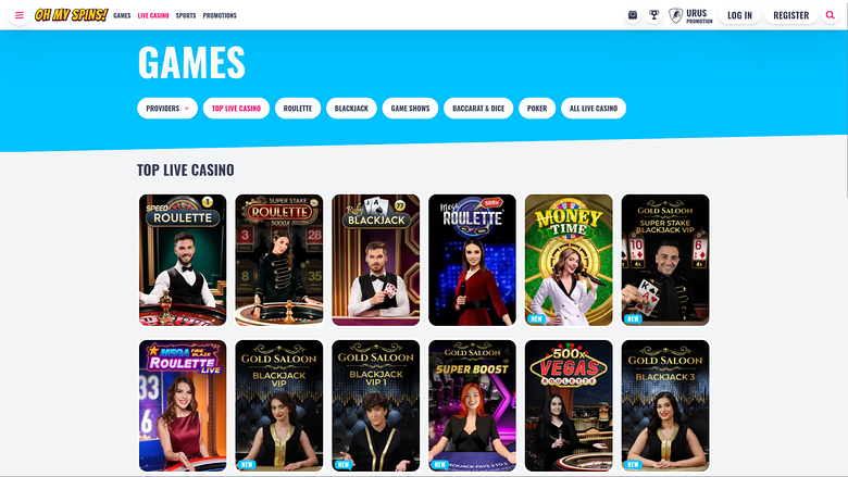 Oh My Spins Casino — Live dealer lobby