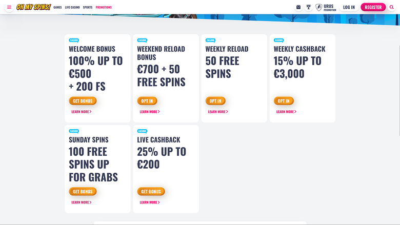 Oh My Spins Casino — Promotions page