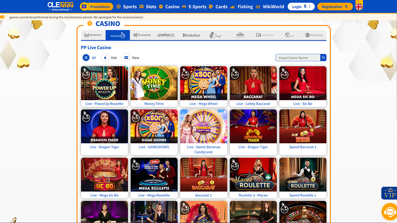 Ole777 Casino — Live dealer lobby