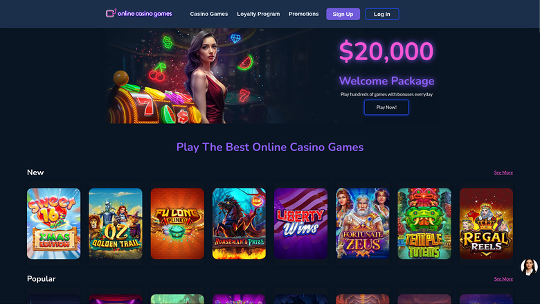 An online casino homepage showing a welcome bonus hero banner and rows of game tiles under New and Popular headings.