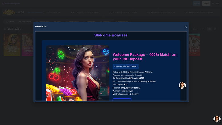 A promotions modal titled Welcome Bonuses is open over a dimmed online casino lobby, showing a welcome package offer with a slot-style illustration.