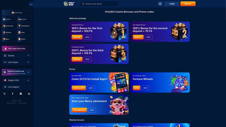 Only Win Casino — Promotions page