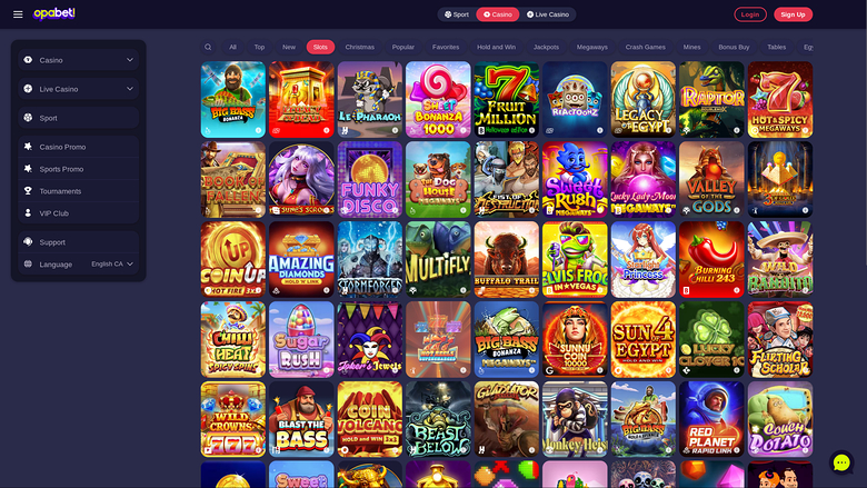 An online casino lobby page showing a grid of game tiles with a left sidebar menu and top navigation bar.