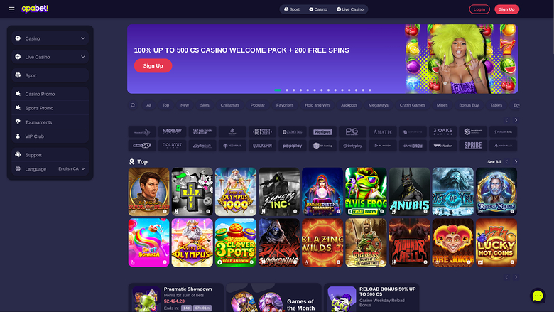 Online casino lobby for 'opabet' showing a welcome bonus hero banner, a game search and filter bar, provider logos and a grid of game tiles.