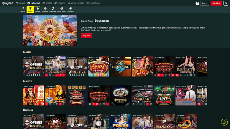 Optibet Casino — Live dealer lobby