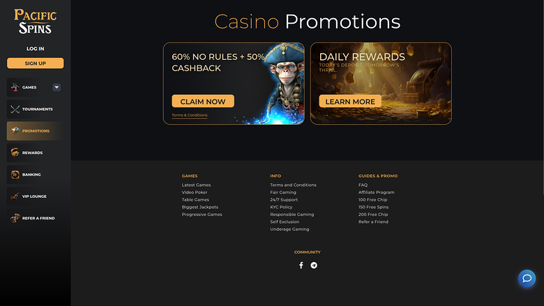 Pacific Spins Casino — Promotions page