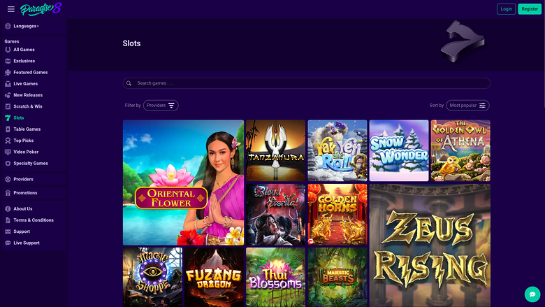 An online casino slots lobby page showing a left sidebar menu, a search bar, filter controls and a grid of game tiles.