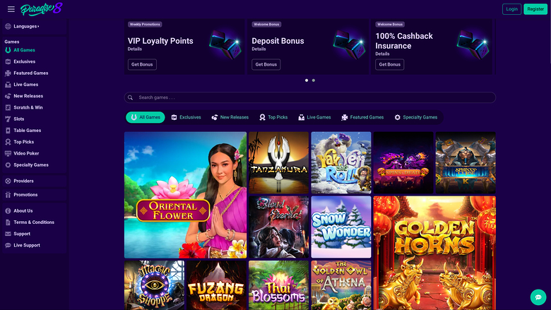 An online casino lobby screen showing a left sidebar menu, three promotional banners, a search bar, category tabs and a grid of game tiles.