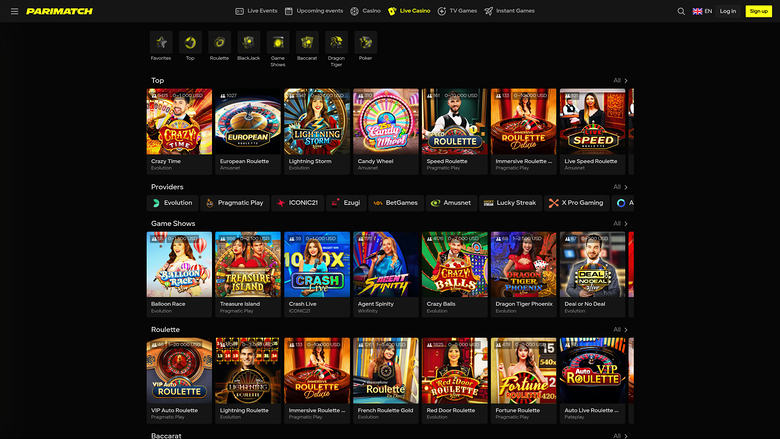 Parimatch Casino — Live dealer lobby