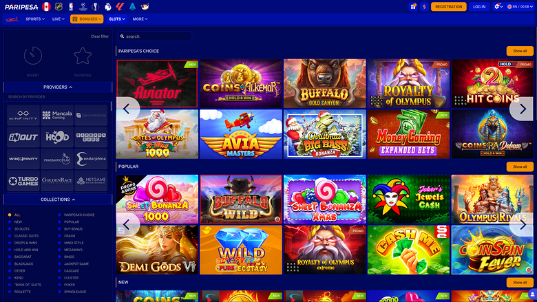A casino lobby screen showing a grid of game tiles under headings such as Paripesa's Choice, Popular and New, with a left sidebar of filters and a top navigatio