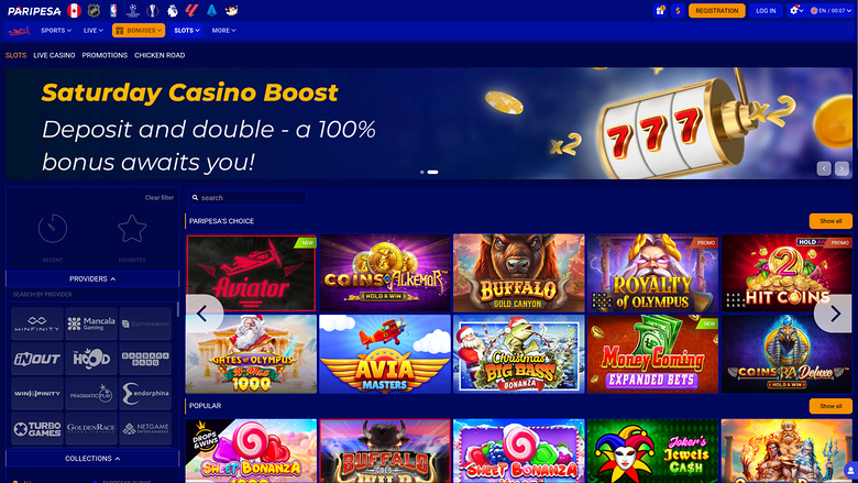 A casino lobby screen for Paripesa shows a 'Saturday Casino Boost' promotion banner above a grid of game tiles with a left-hand filter sidebar.