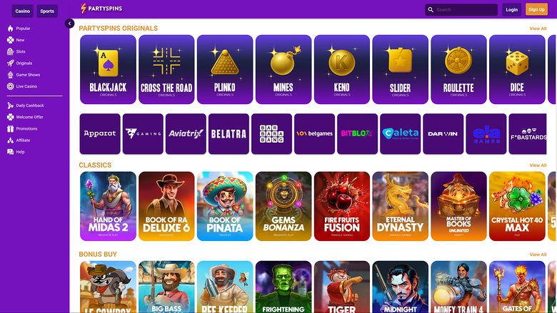PartySpins Casino — Games by studio