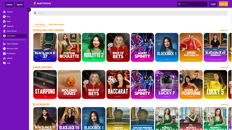 PartySpins Casino — Live dealer lobby