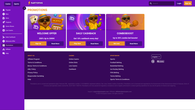 PartySpins Casino — Promotions page