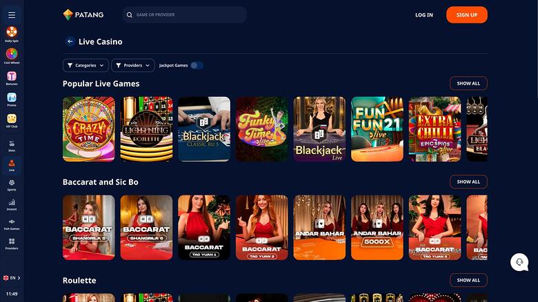 Patang Casino — Live dealer lobby