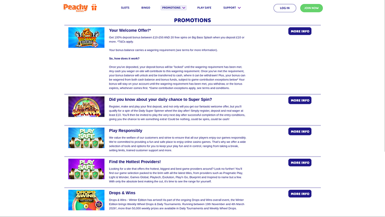 PeachyGames Casino — Promotions page