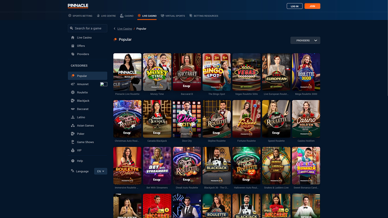Pinnacle — Live dealer lobby