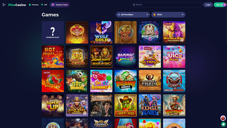 A casino lobby 'Games' screen showing a grid of slot game tiles with top navigation and filter dropdowns.