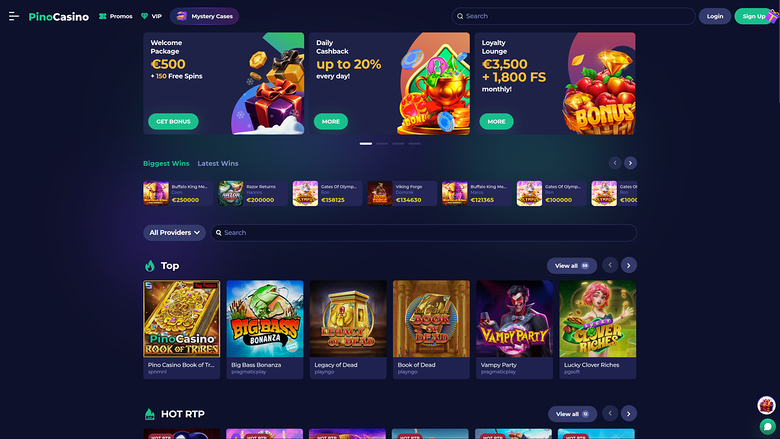 An online casino lobby page showing promotional banners, a jackpot winners ticker, provider filter and rows of game tiles.