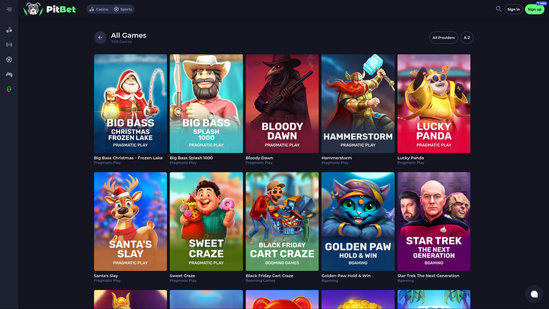 An online casino lobby page titled 'All Games' showing a grid of game tiles under the PitBet brand.